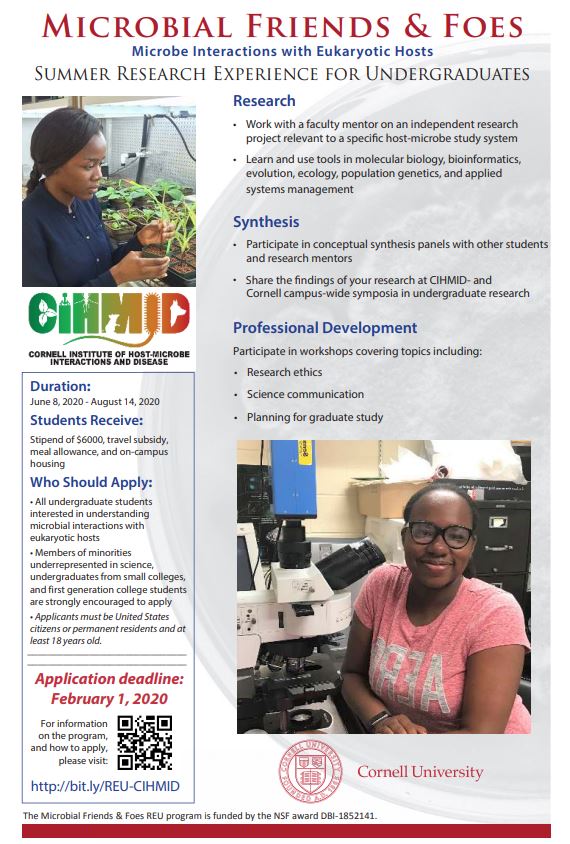 Poster describing The Cornell Institute of Host-Microbe Interactions and Disease (CIHMID) program for Microbial Friends and Foes Summer Program.
