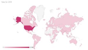 The Ishaq Lab's visitor statistics for 2019 on a map. The image is a world map, in which a majority of European, Southamerican, Asian, and some African countries are a pale pink. This shows that one or more visitors on the Ishaq Lab website came from those regions. In Northamerica, everywhere else is pale pink, while America is a darker pink. This shows that a higher number of visitors on The Ishaq Lab's website have come predominantly from America. The maximum amount of visitors from the United States is 3,742.
