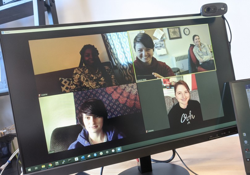 A screenshot from a virtual lab meeting, featuring 5 women.