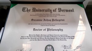 A picture of Dr. Sue Ishaq's diploma from the University of Vermont.