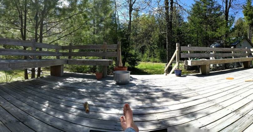 View of a wooden deck with forest behind it.