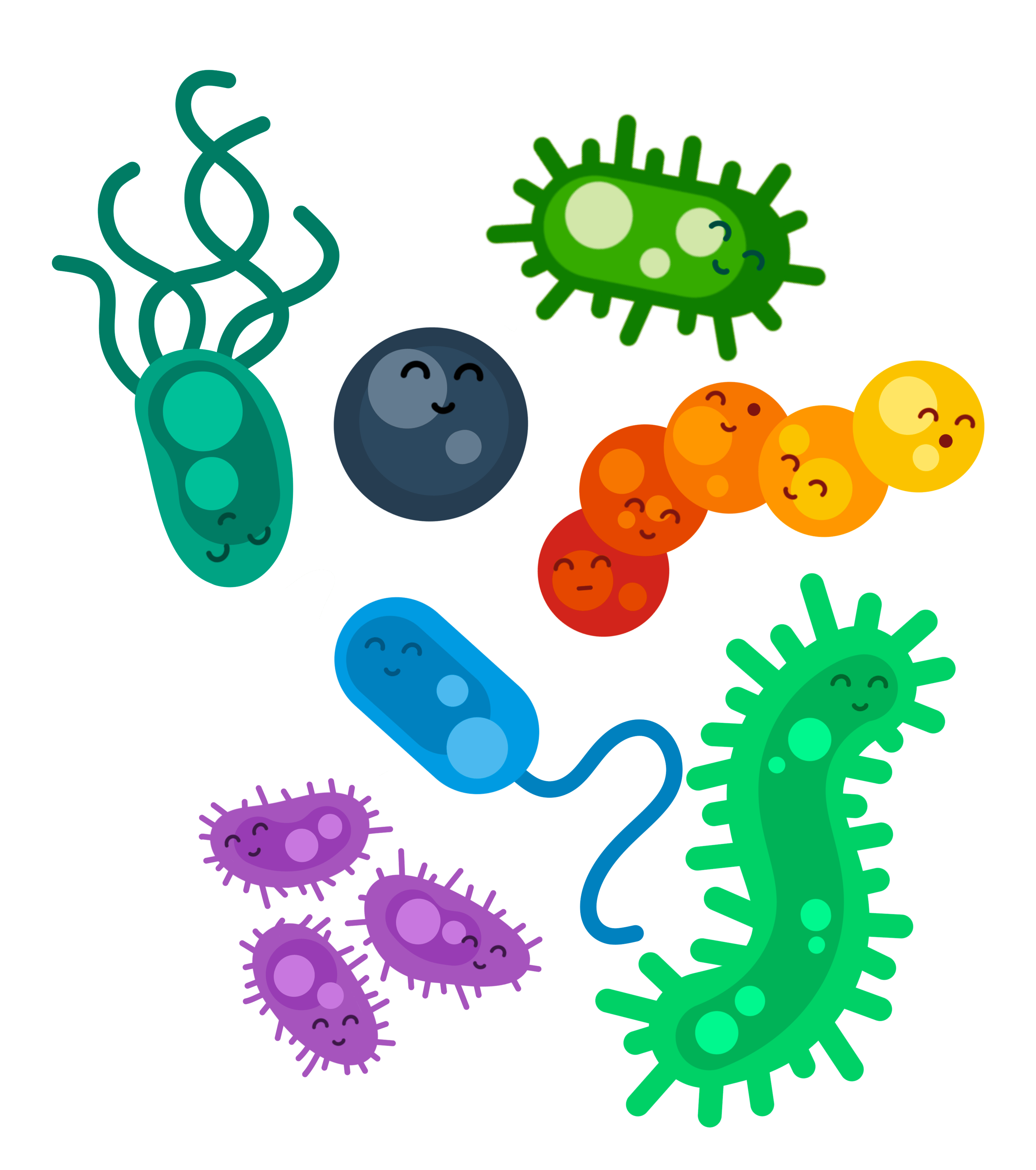 A cartoon of brightly colored, smiling bacteria.