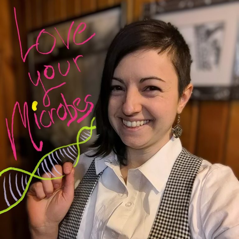 A headshot of Dr. Sue Ishaq, PhD in which she is wearing a black and white houndstooth pattern waistcoat and a white button up shirt. Graphics have been added to show a strand of DNA and the words "love your microbes"