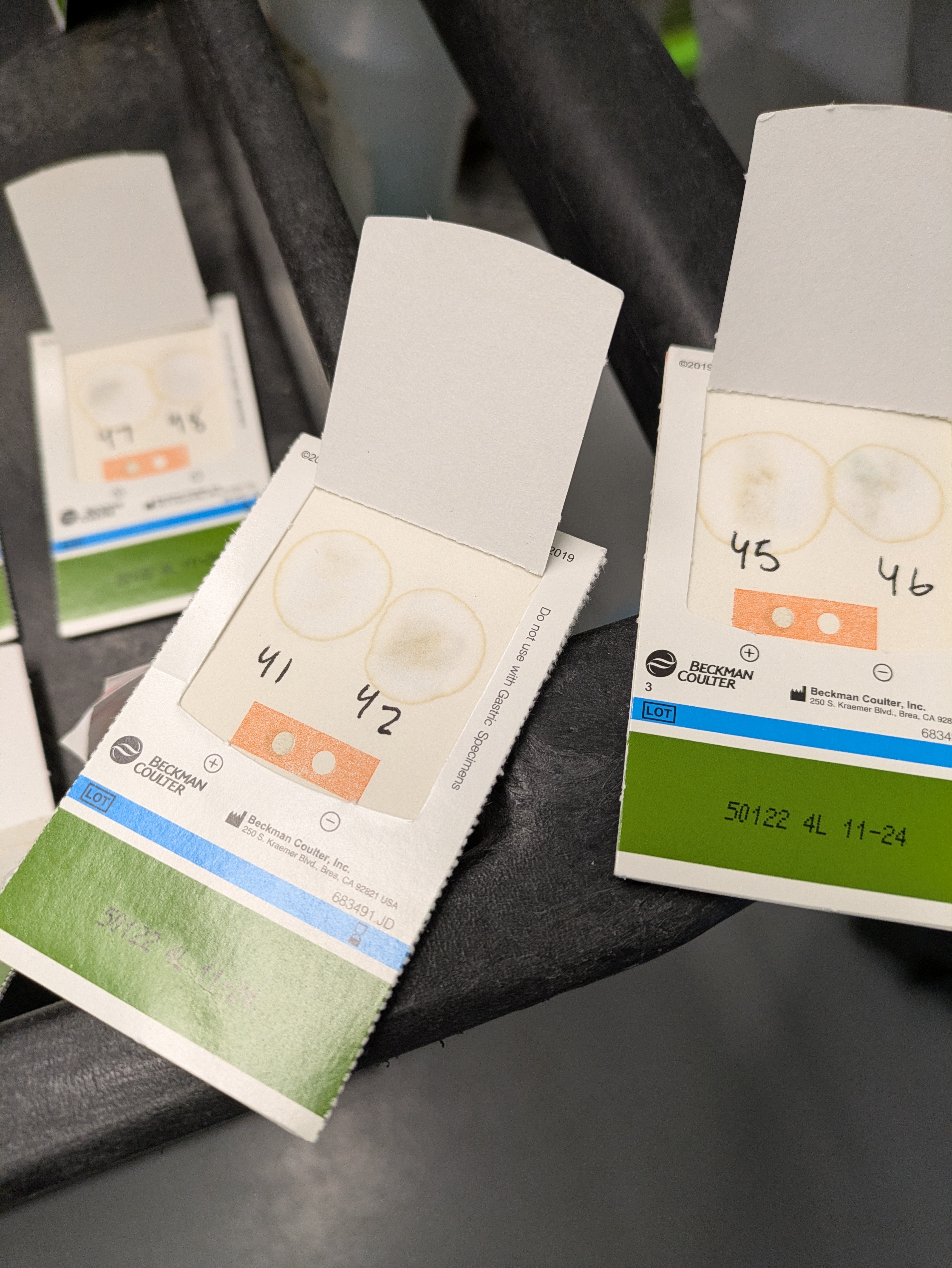A Hemosense Fecal Occult Blood card showing negative results.